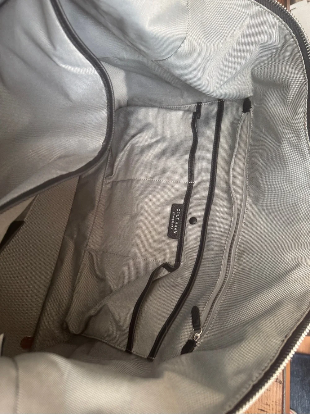 Cole Haan Black Leather Duffel with Silver Zip and Strap Hardware